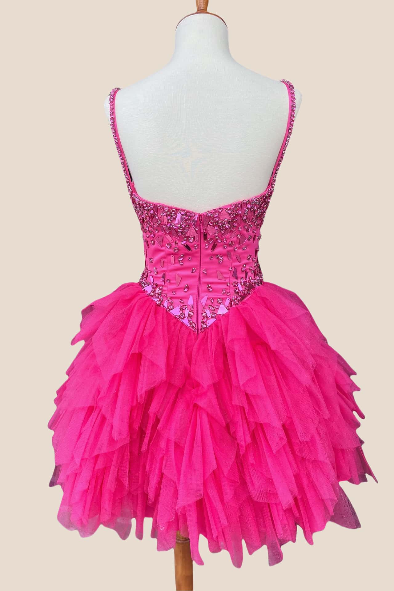 Straps Hot Pink Mirror Glass Ruffled Short Dress - Image 2