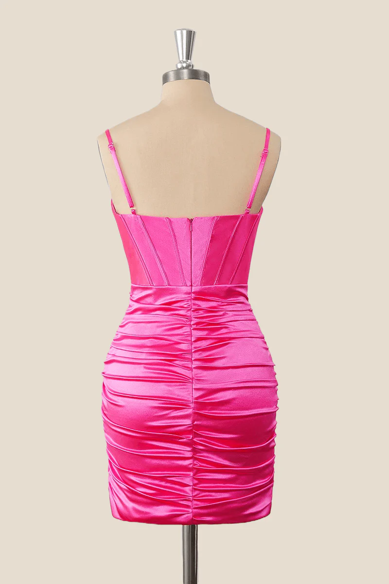 Straps Hot Pink Ruched Tight Mini Dress - Image 2