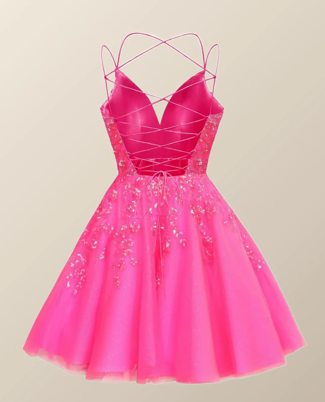 Straps Hot Pink Sequin A-line Short Dress - Image 2