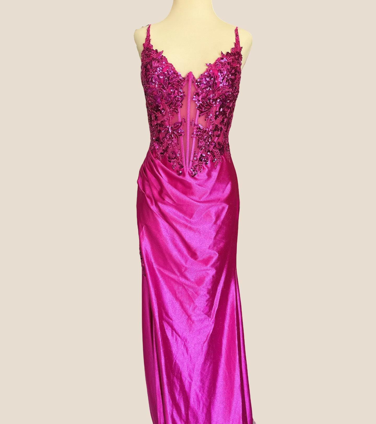 Straps Hot Pink Sequin Appliques Mermaid Long Dress - Image 2