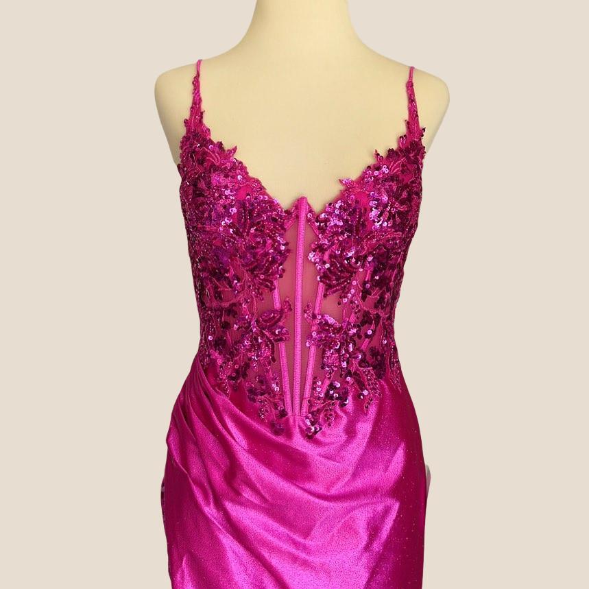 Straps Hot Pink Sequin Appliques Mermaid Long Dress - Image 3