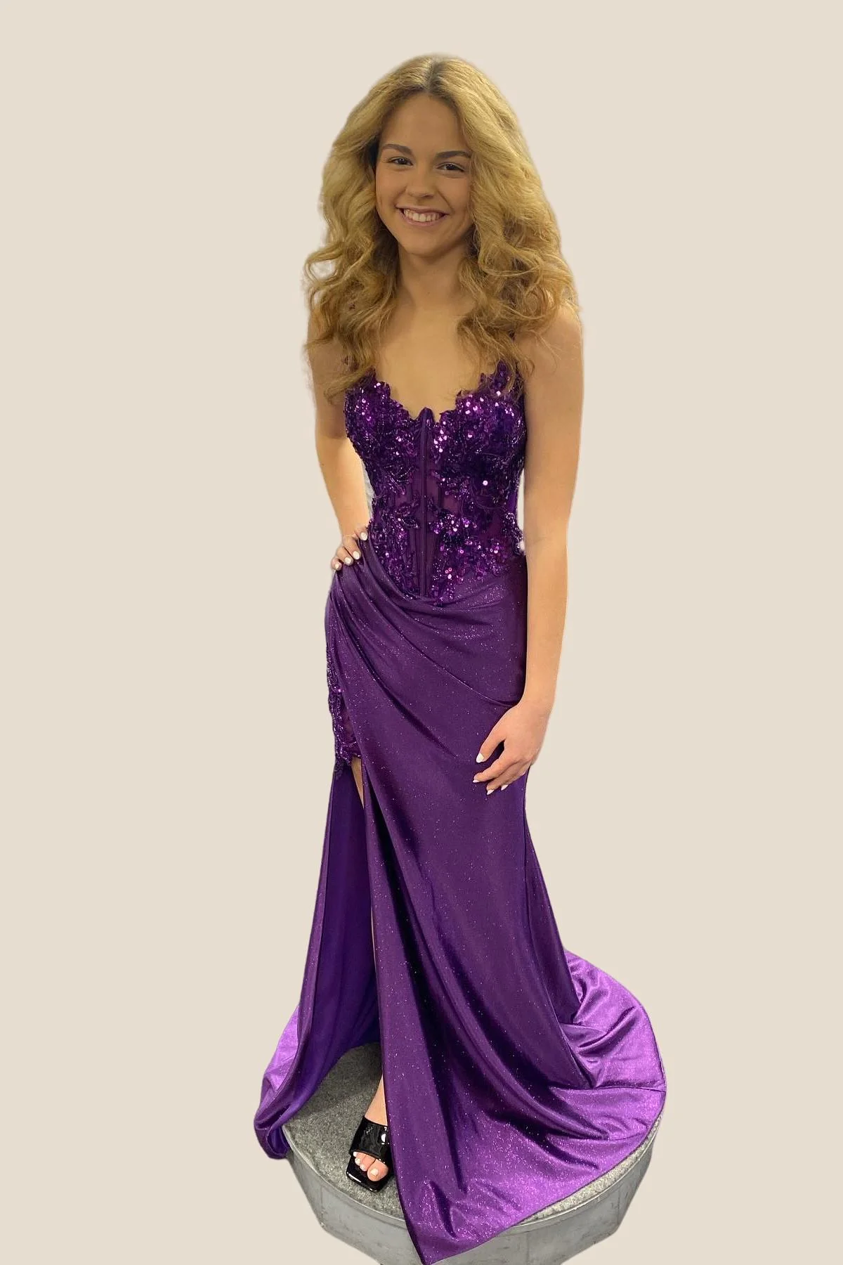 Straps Hot Pink Sequin Appliques Mermaid Long Dress - Image 4