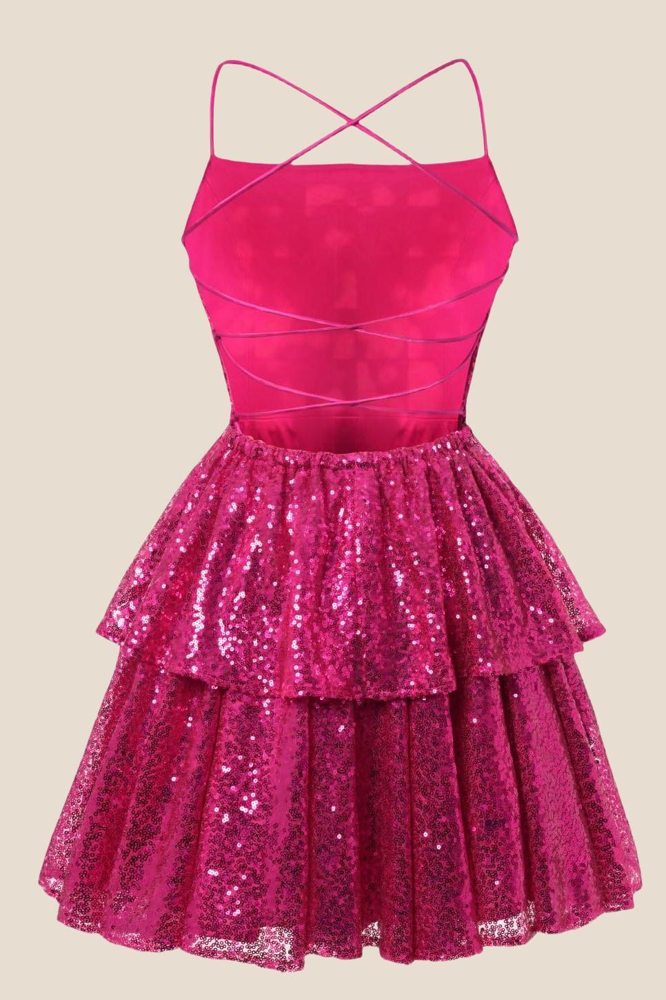 Straps Hot Pink Sequin Ruffle A-line Short Dress - Image 2