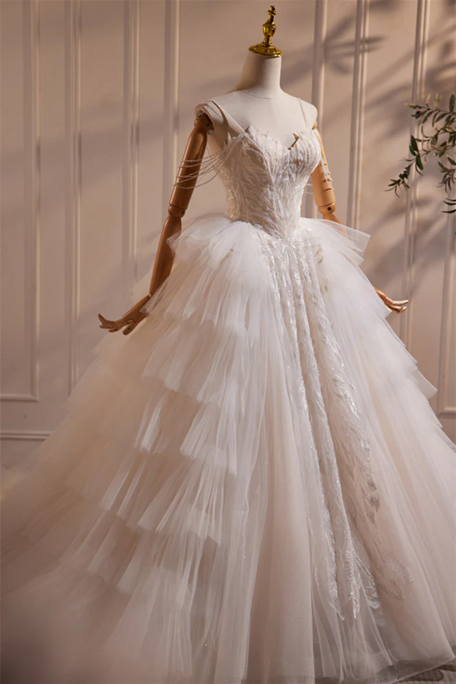 Straps Ivory Tulle Tiered Wedding Gown - Image 4