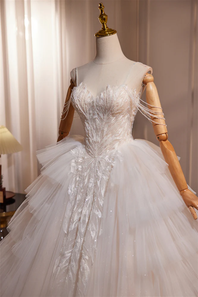 Straps Ivory Tulle Tiered Wedding Gown - Image 5