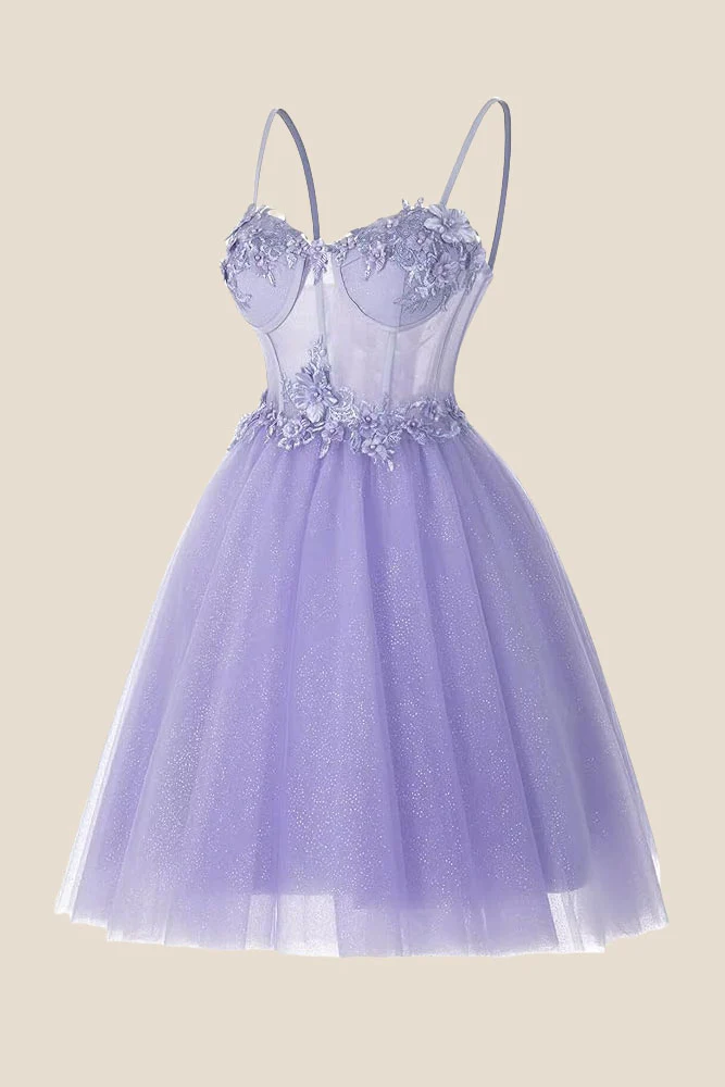 Straps Lavender Appliques Sparkle Tulle Short Dress - Image 3
