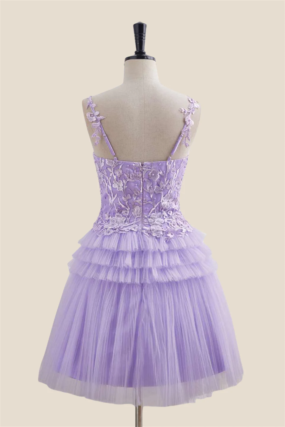 Straps Lavender Appliques Tiered Short Dress - Image 2