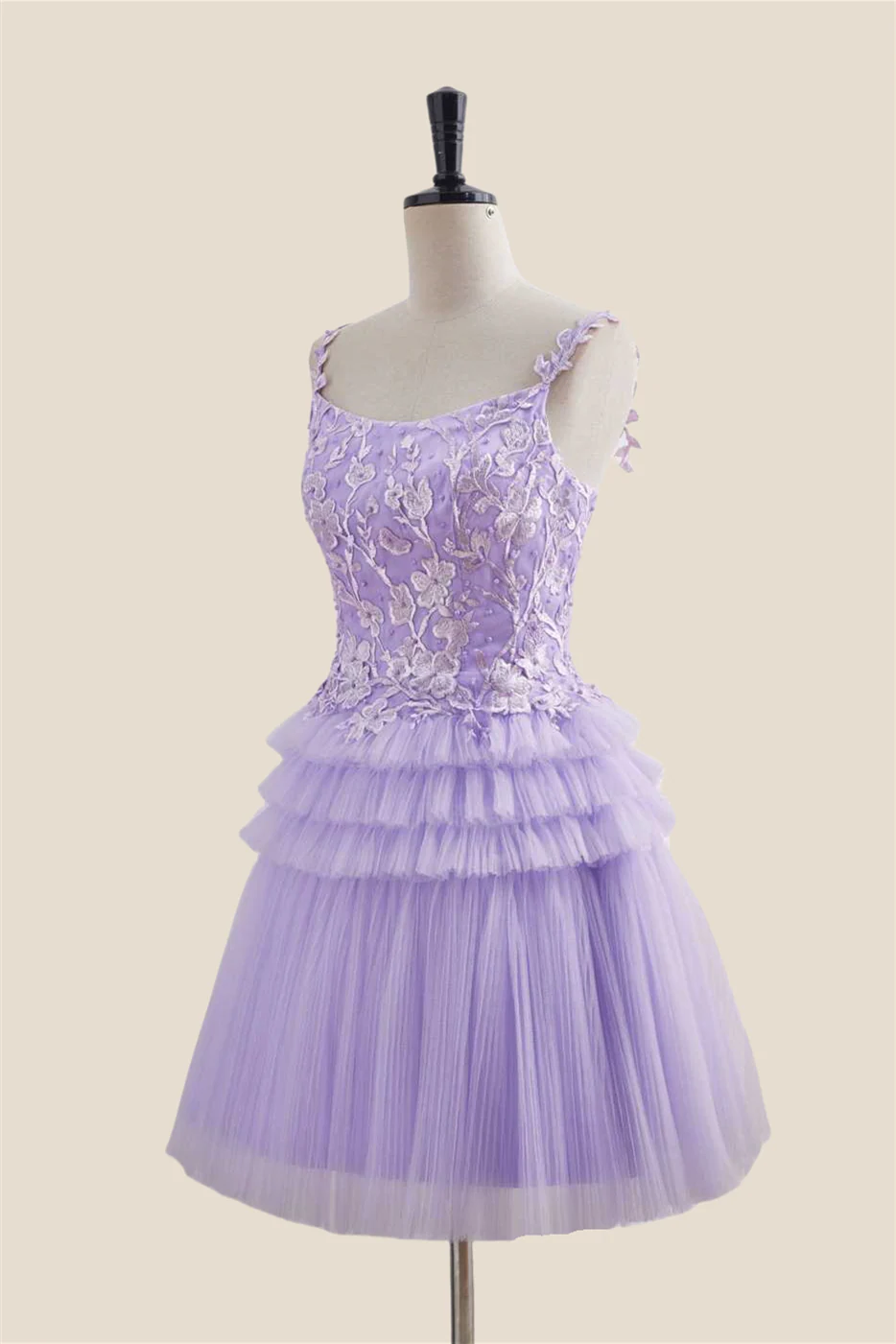 Straps Lavender Appliques Tiered Short Dress - Image 3