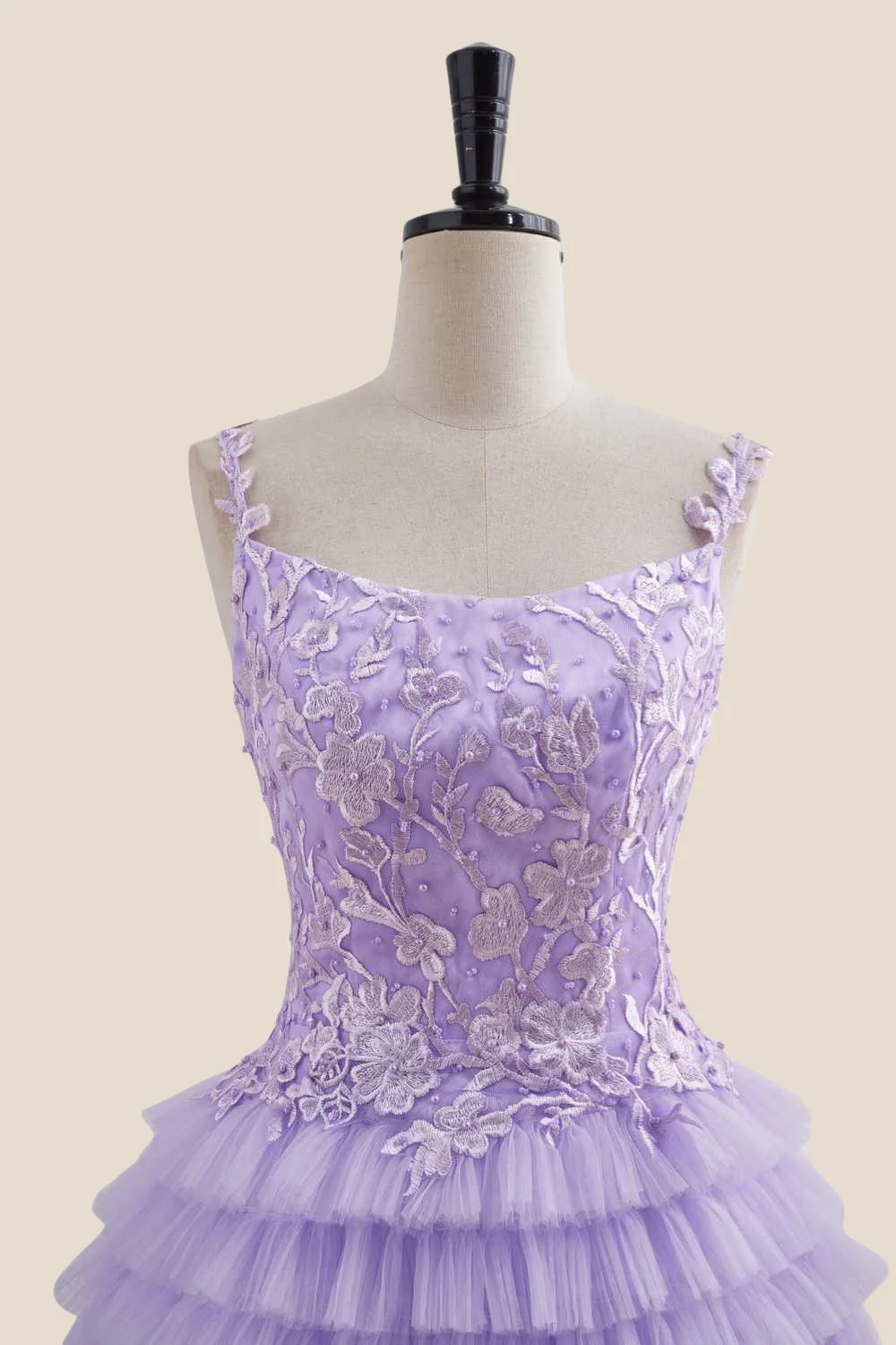 Straps Lavender Appliques Tiered Short Dress - Image 4
