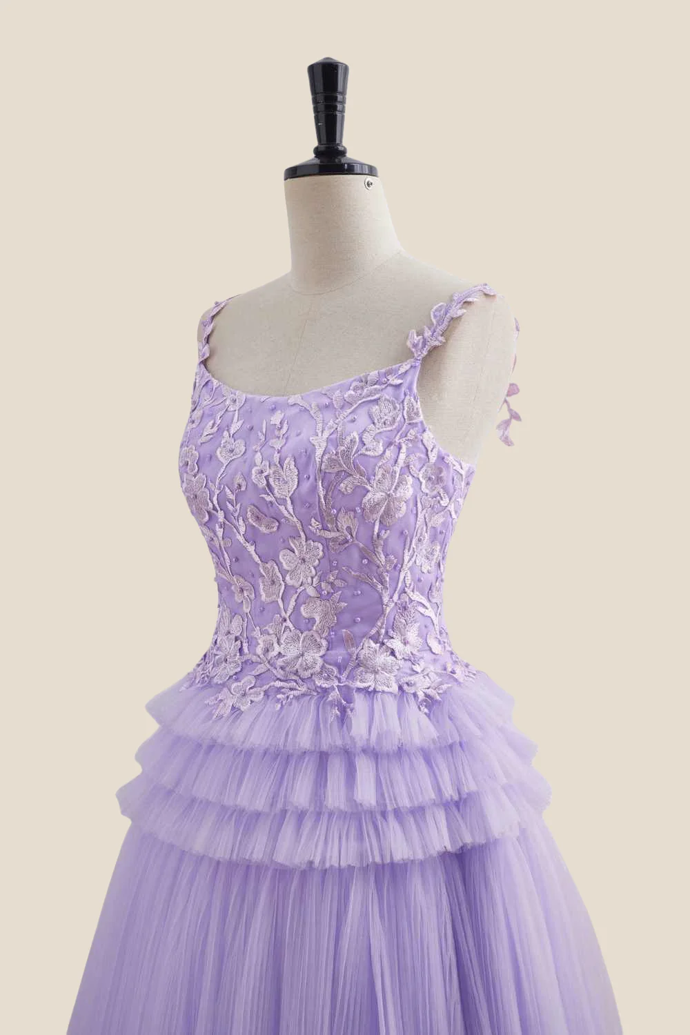 Straps Lavender Appliques Tiered Short Dress - Image 6