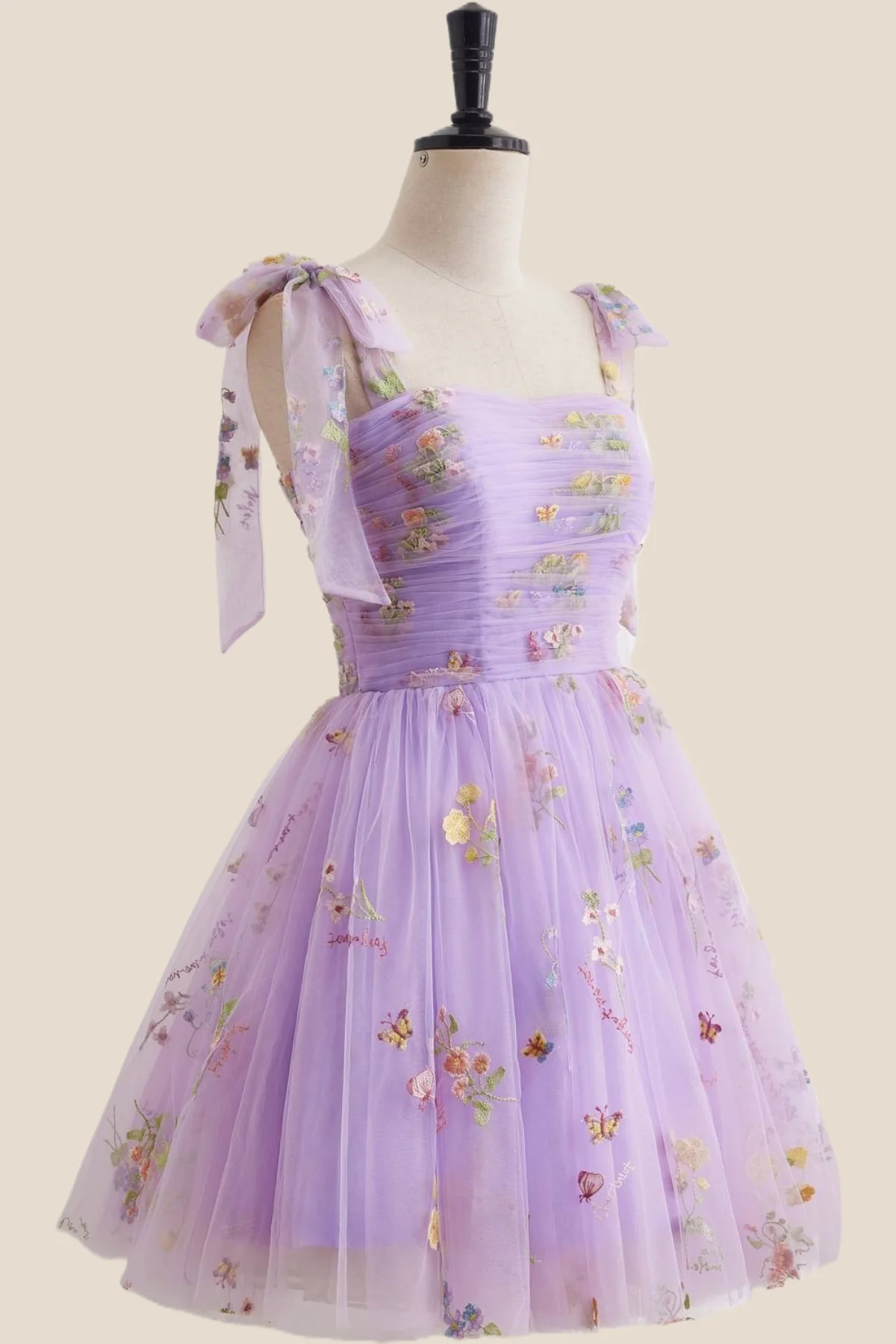 Straps Lavender Floral Ruched Tulle Short Dress - Image 3