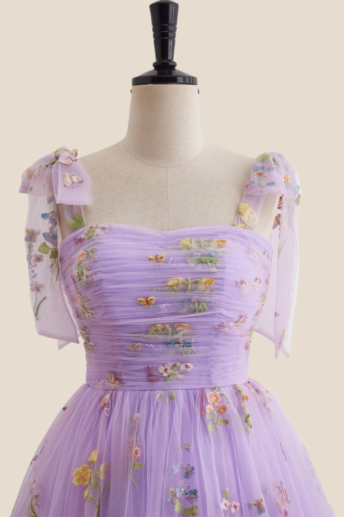 Straps Lavender Floral Ruched Tulle Short Dress - Image 4