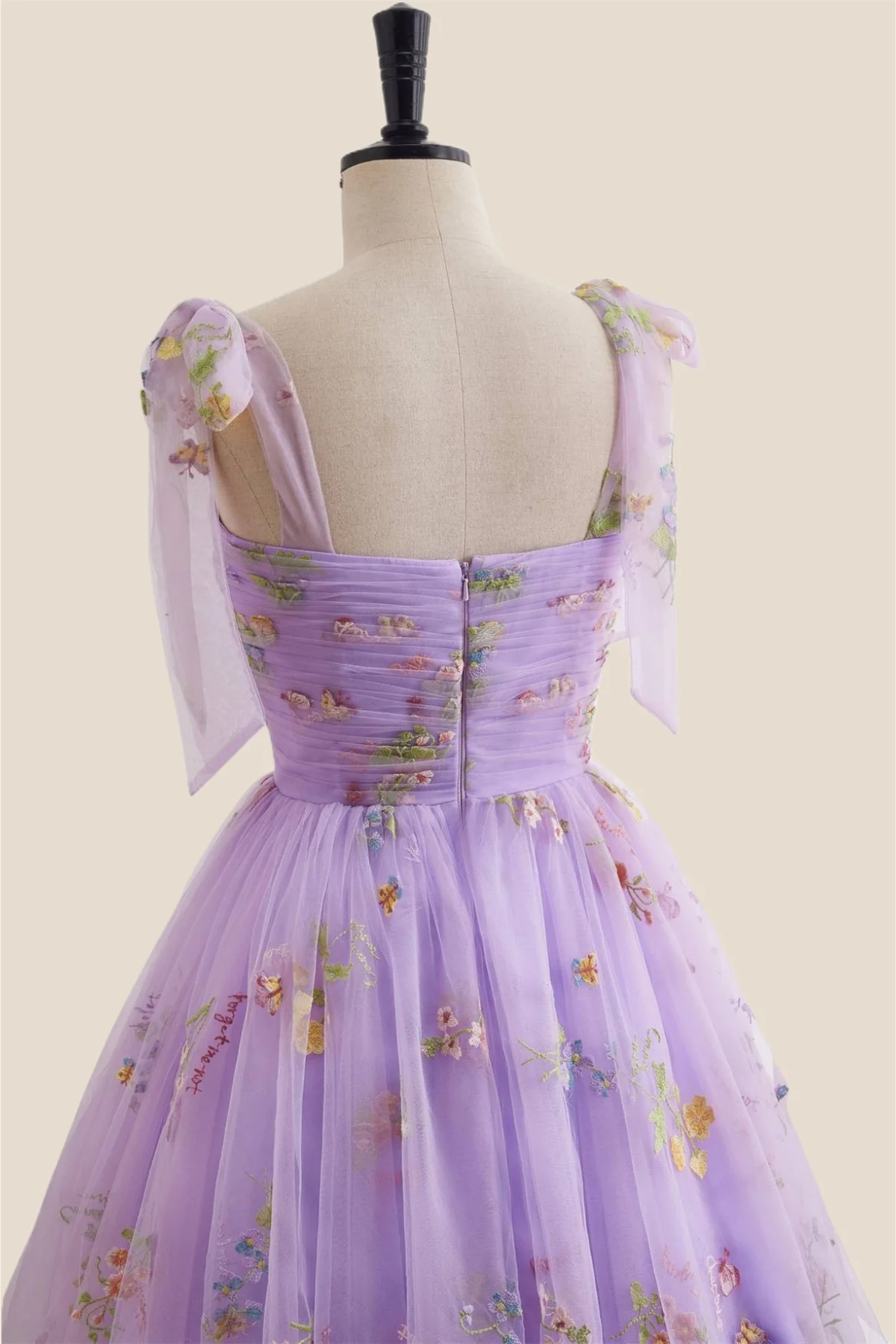 Straps Lavender Floral Ruched Tulle Short Dress - Image 5