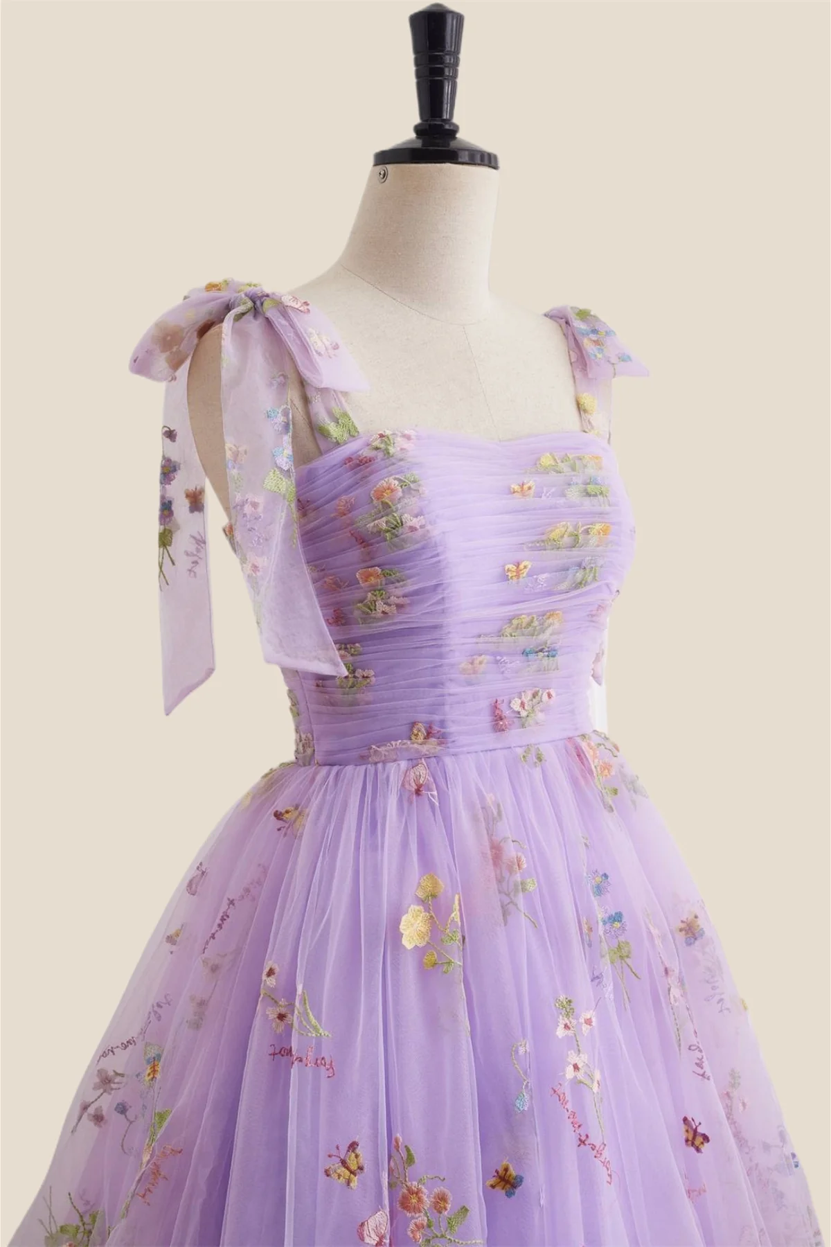 Straps Lavender Floral Ruched Tulle Short Dress - Image 6