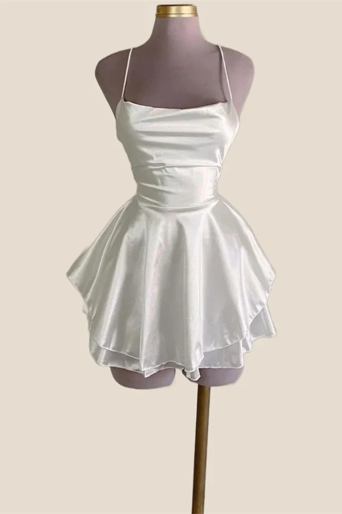 Straps Lavender Satin A-line Short Dress - Image 8