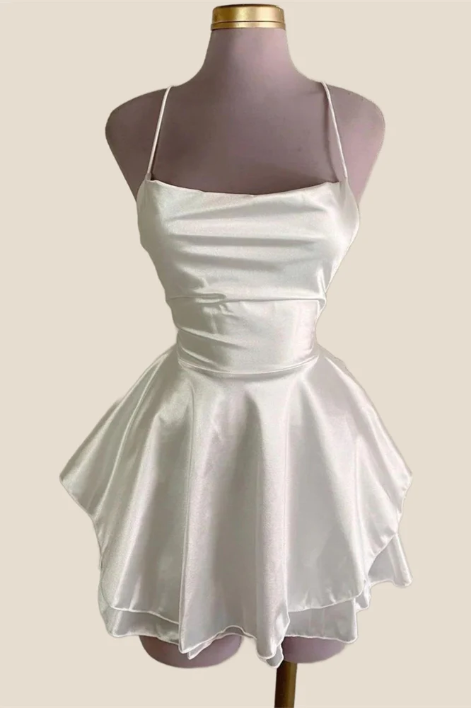 Straps Lavender Satin A-line Short Dress - Image 9