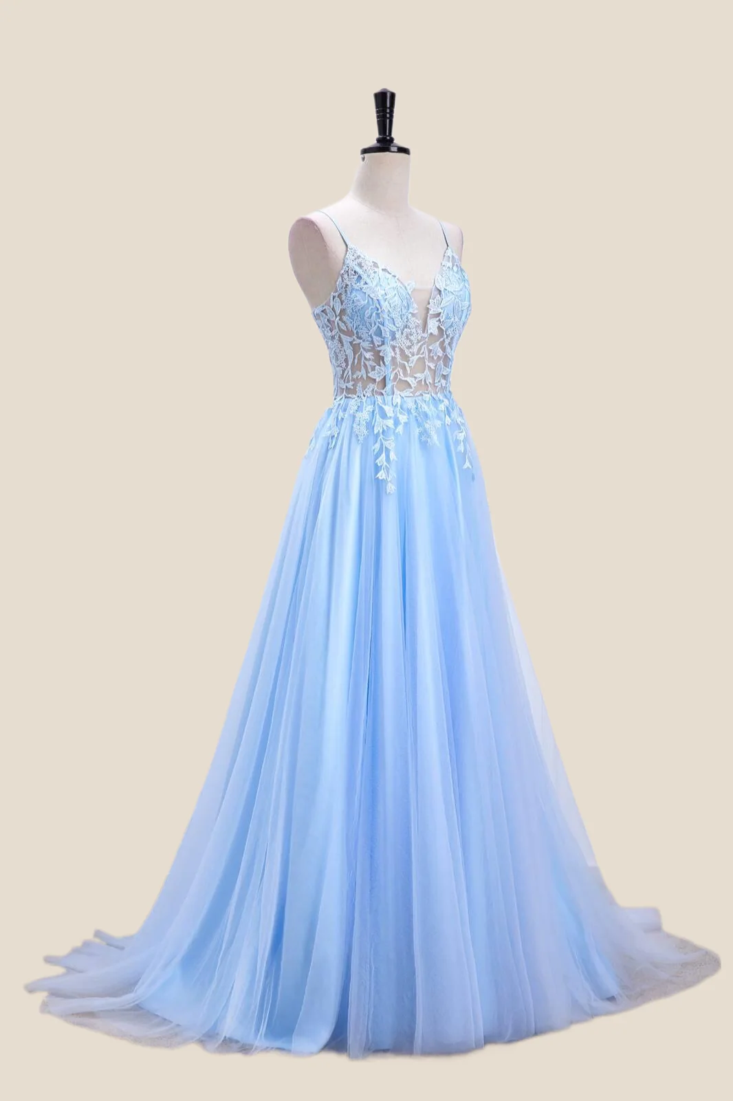 Straps Light Blue Lace and Tulle Long Formal Dress - Image 3
