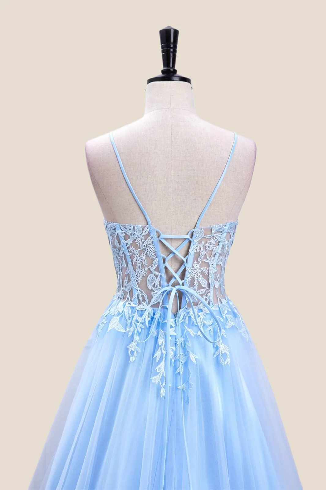 Straps Light Blue Lace and Tulle Long Formal Dress - Image 4