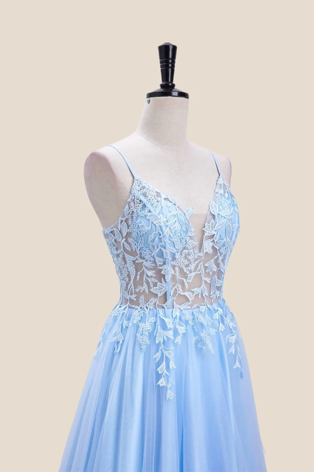 Straps Light Blue Lace and Tulle Long Formal Dress - Image 5