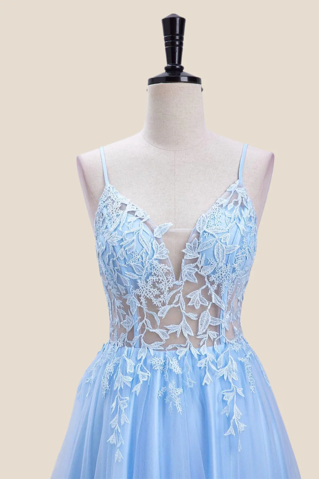 Straps Light Blue Lace and Tulle Long Formal Dress - Image 6