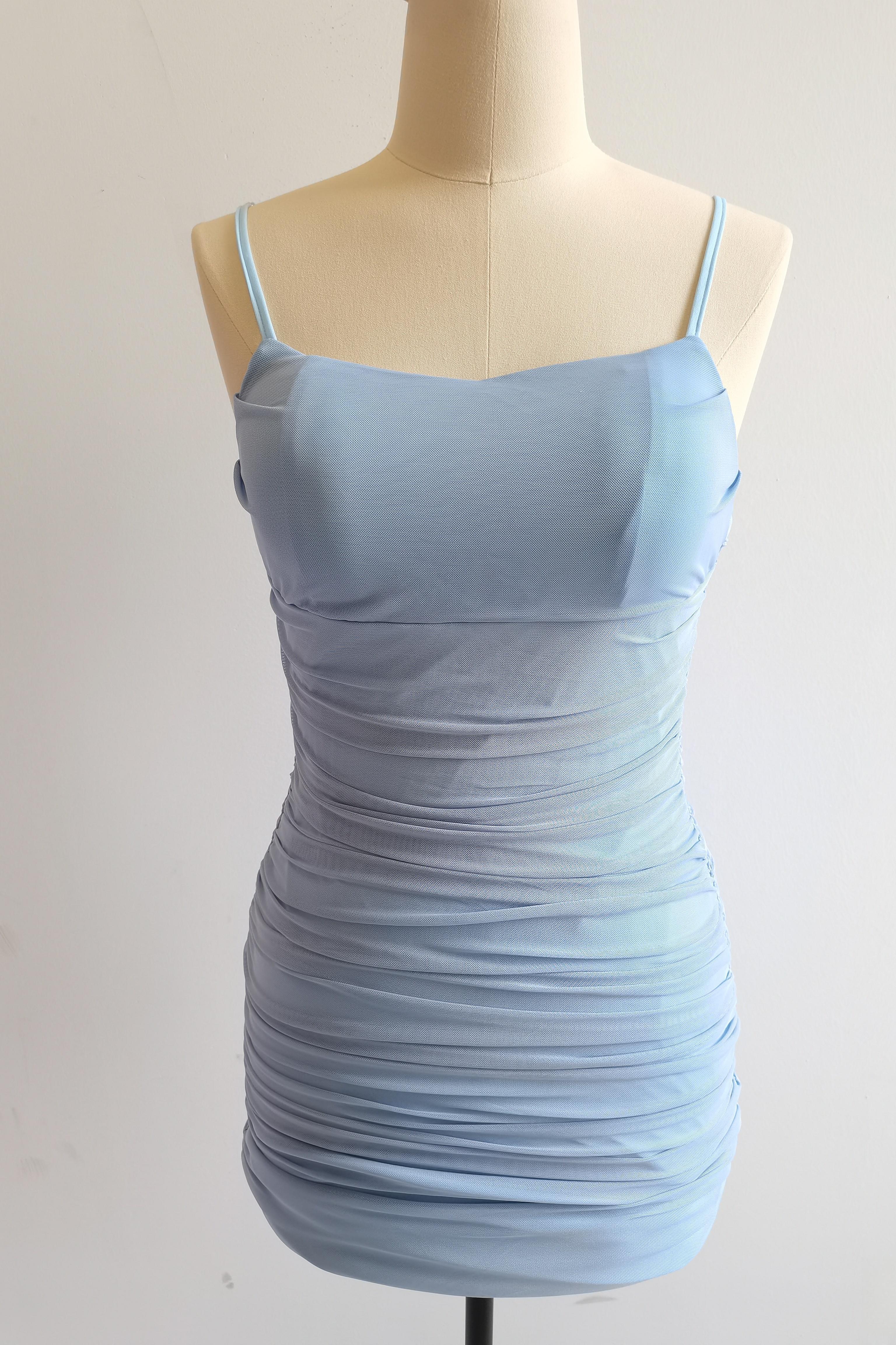 Straps Light Blue Ruched Tight Mini Dress - Image 3