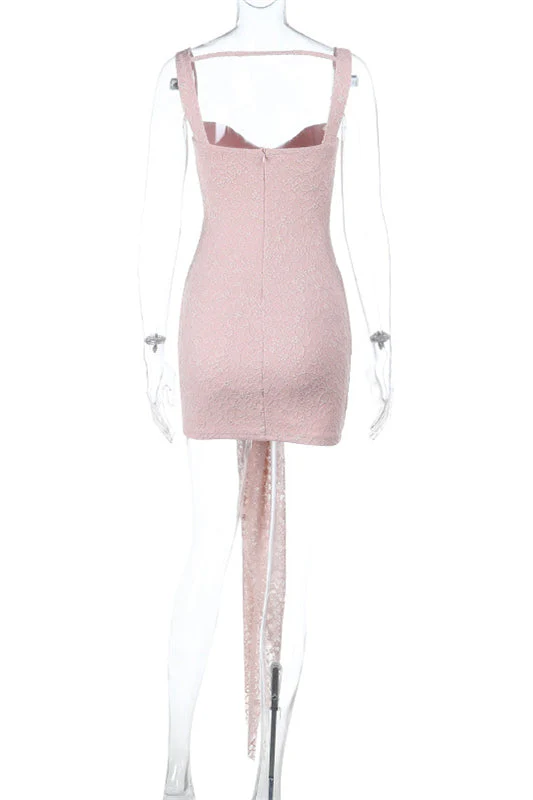 Straps Light Pink Bodycon Lace Short Dress - Image 2