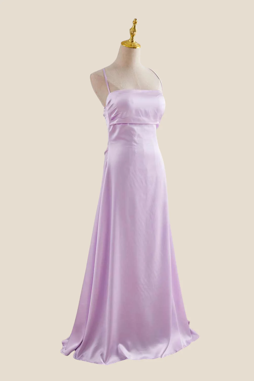 Straps Lavender Ruched A-line Satin Long Dress - Image 10