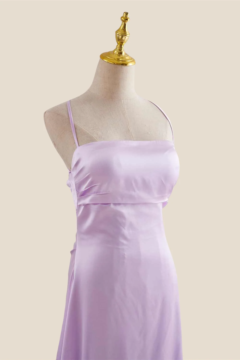Straps Lavender Ruched A-line Satin Long Dress - Image 12