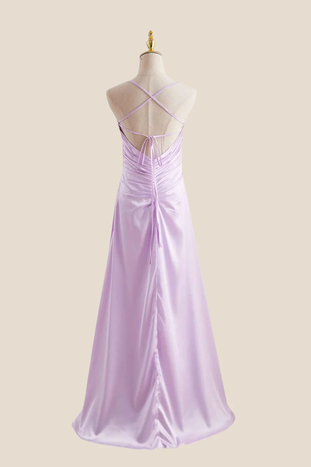 Straps Lavender Ruched A-line Satin Long Dress - Image 2