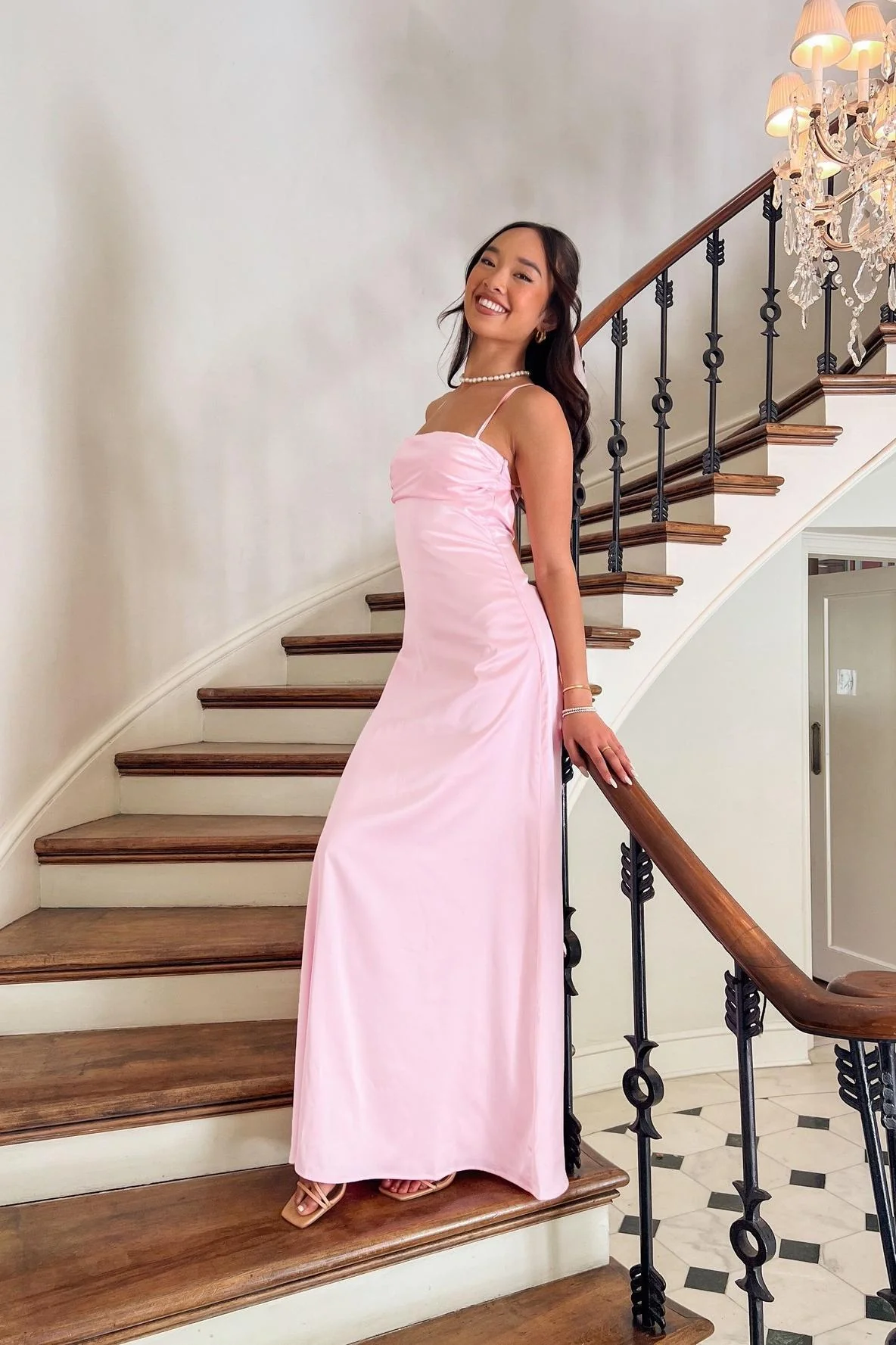 Straps Lavender Ruched A-line Satin Long Dress - Image 4