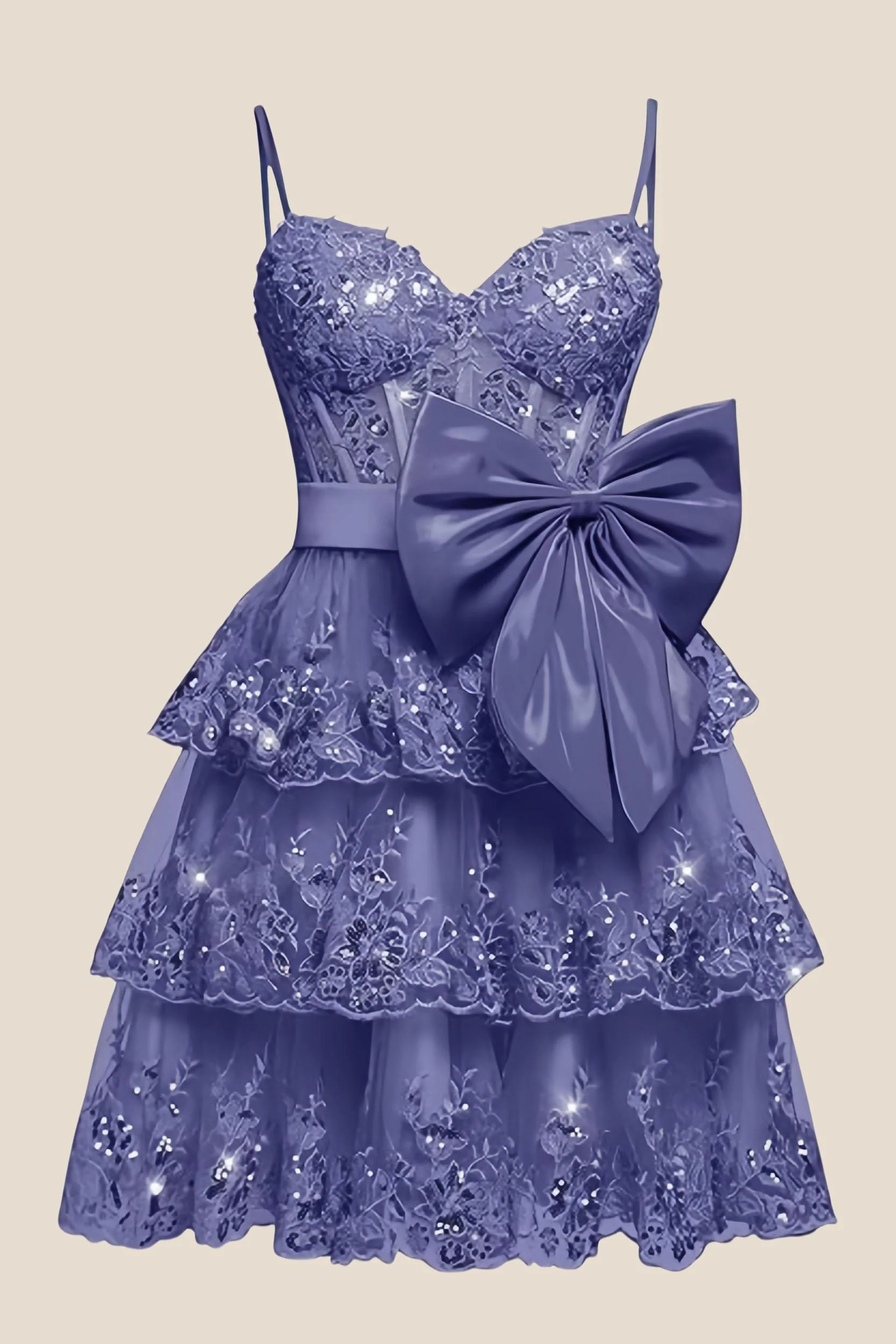 Straps Green Appliques Tiered Short Dress with Bow - Image 6