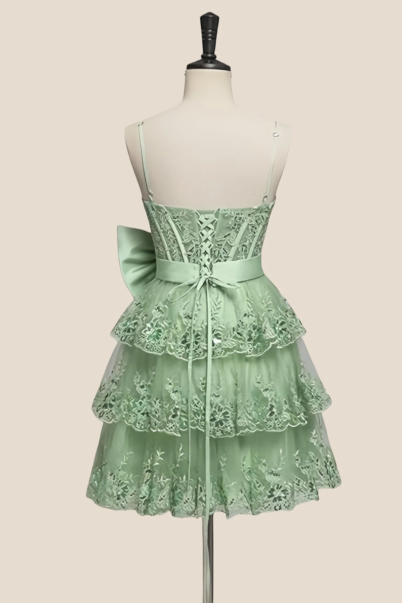 Straps Green Appliques Tiered Short Dress with Bow - Image 2
