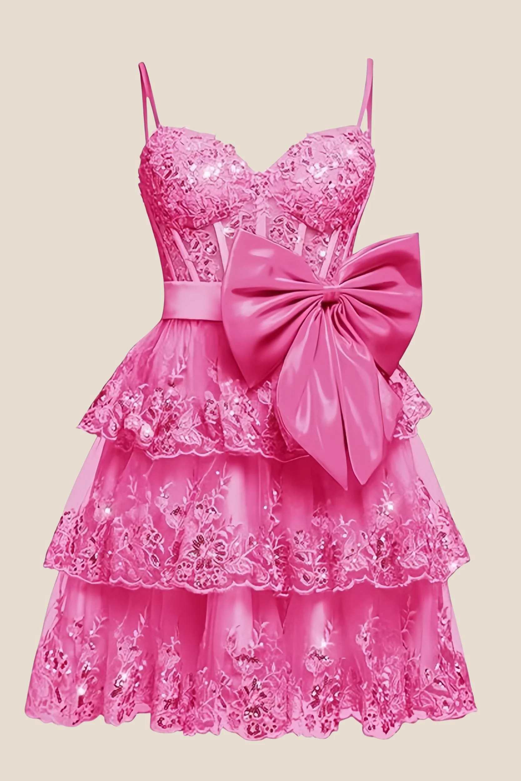 Straps Green Appliques Tiered Short Dress with Bow - Image 5