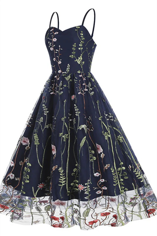 Straps Navy Blue Floral Embroidery Short Dress - Image 2