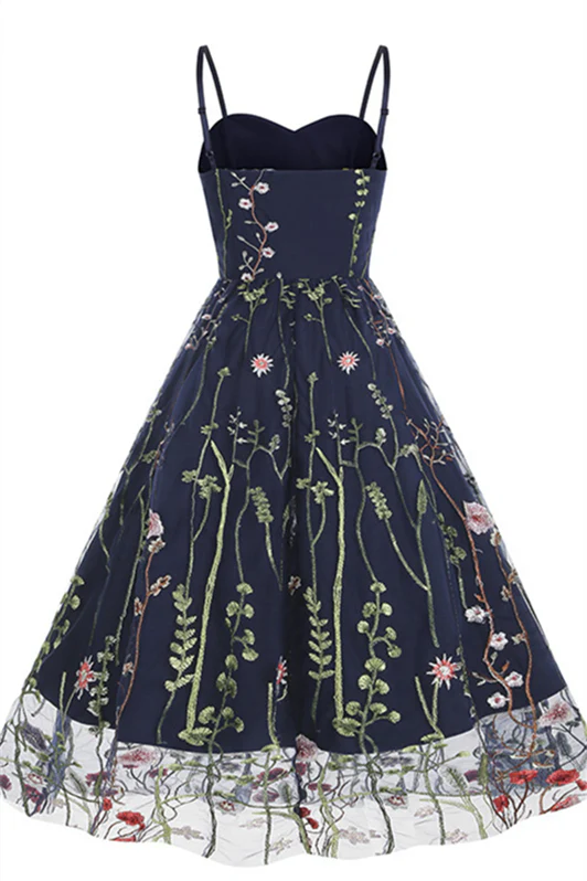 Straps Navy Blue Floral Embroidery Short Dress - Image 3