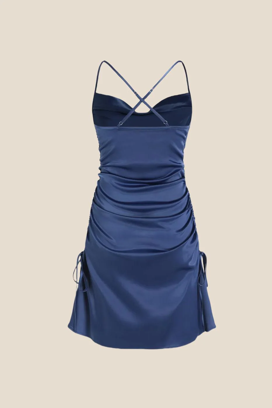 Straps Navy Blue Satin Cowl Neck Slit Short Dress - Image 2