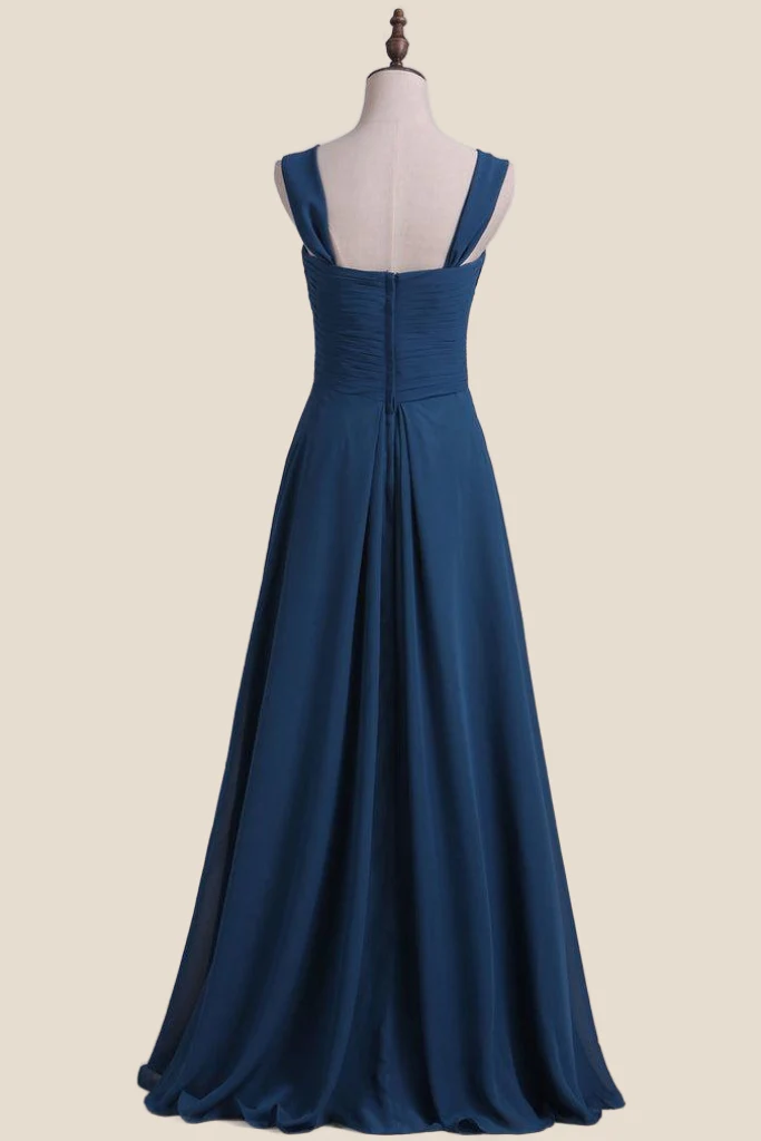 Straps Navy Pleated Chiffon A-line Bridesmaid Dress - Image 2