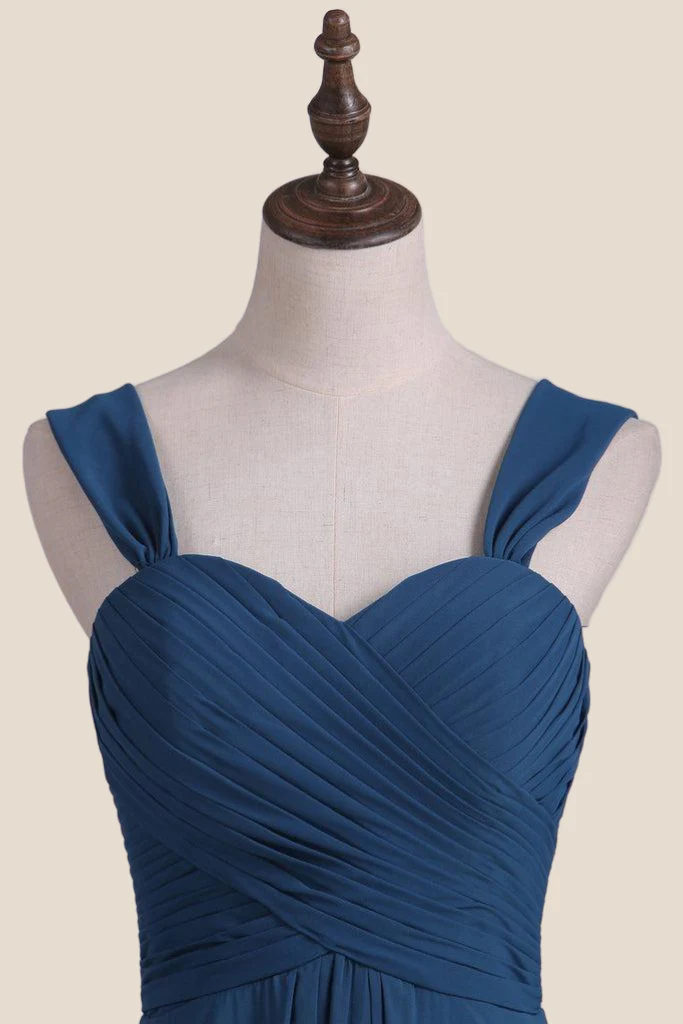 Straps Navy Pleated Chiffon A-line Bridesmaid Dress - Image 3