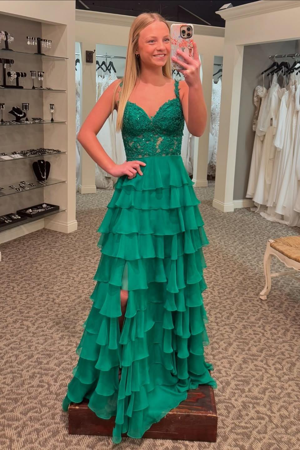 Straps Orange Appliques and Chiffon Ruffle Formal Dress - Image 3