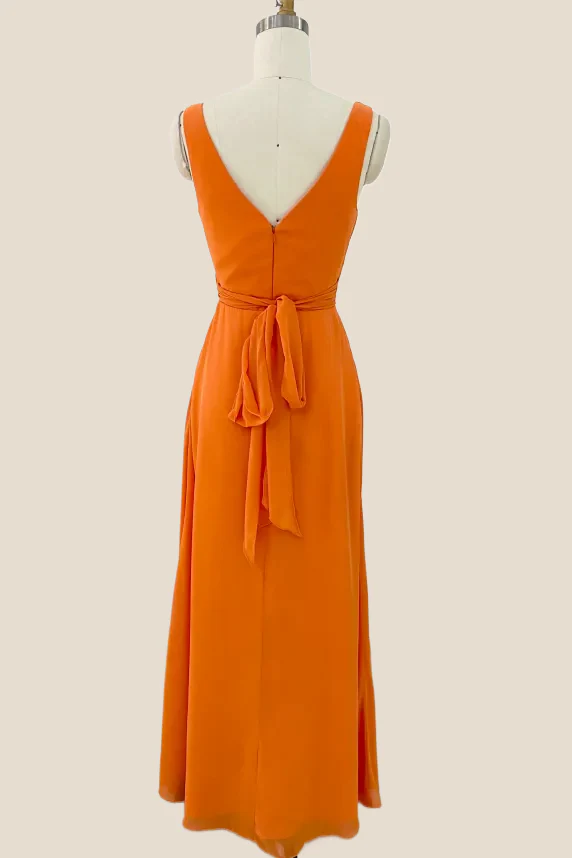 Straps Orange Ruched Long Bridesmaid Dress - Image 2