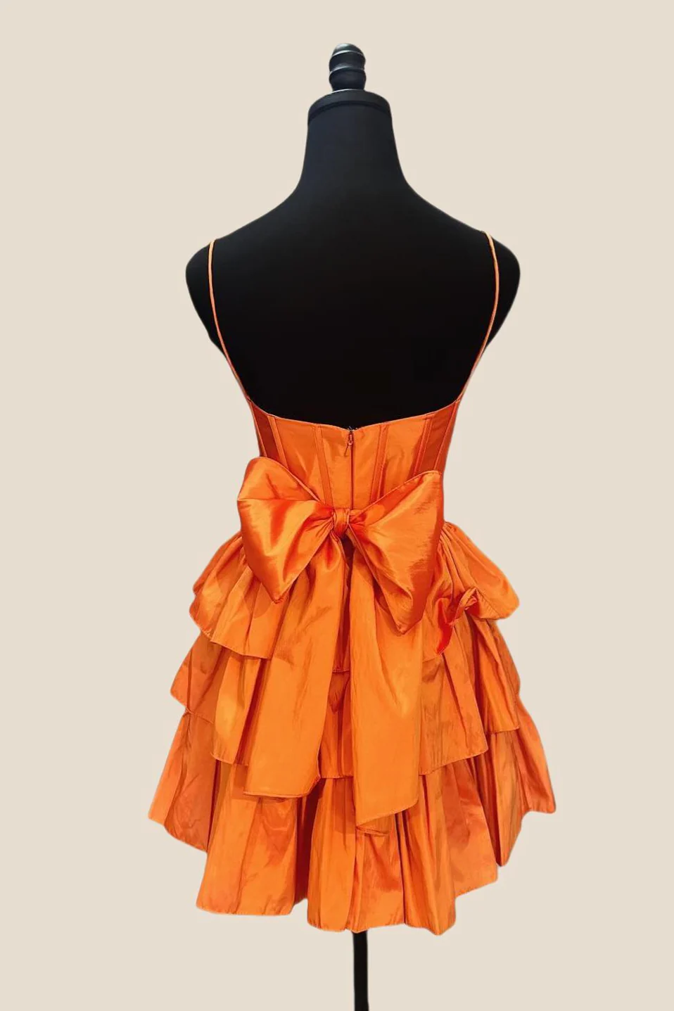 Straps Orange Ruffles A-line Taffeta Short Dress - Image 2