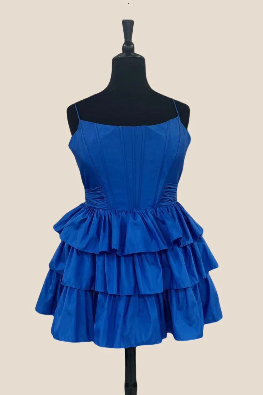 Straps Orange Ruffles A-line Taffeta Short Dress - Image 6