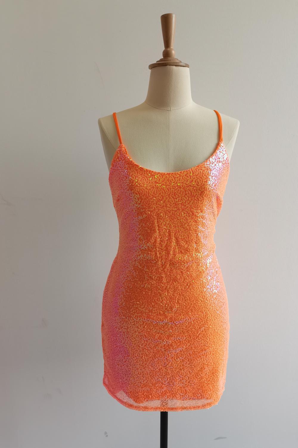 Straps Orange Sequin Tight Mini Dress - Image 7