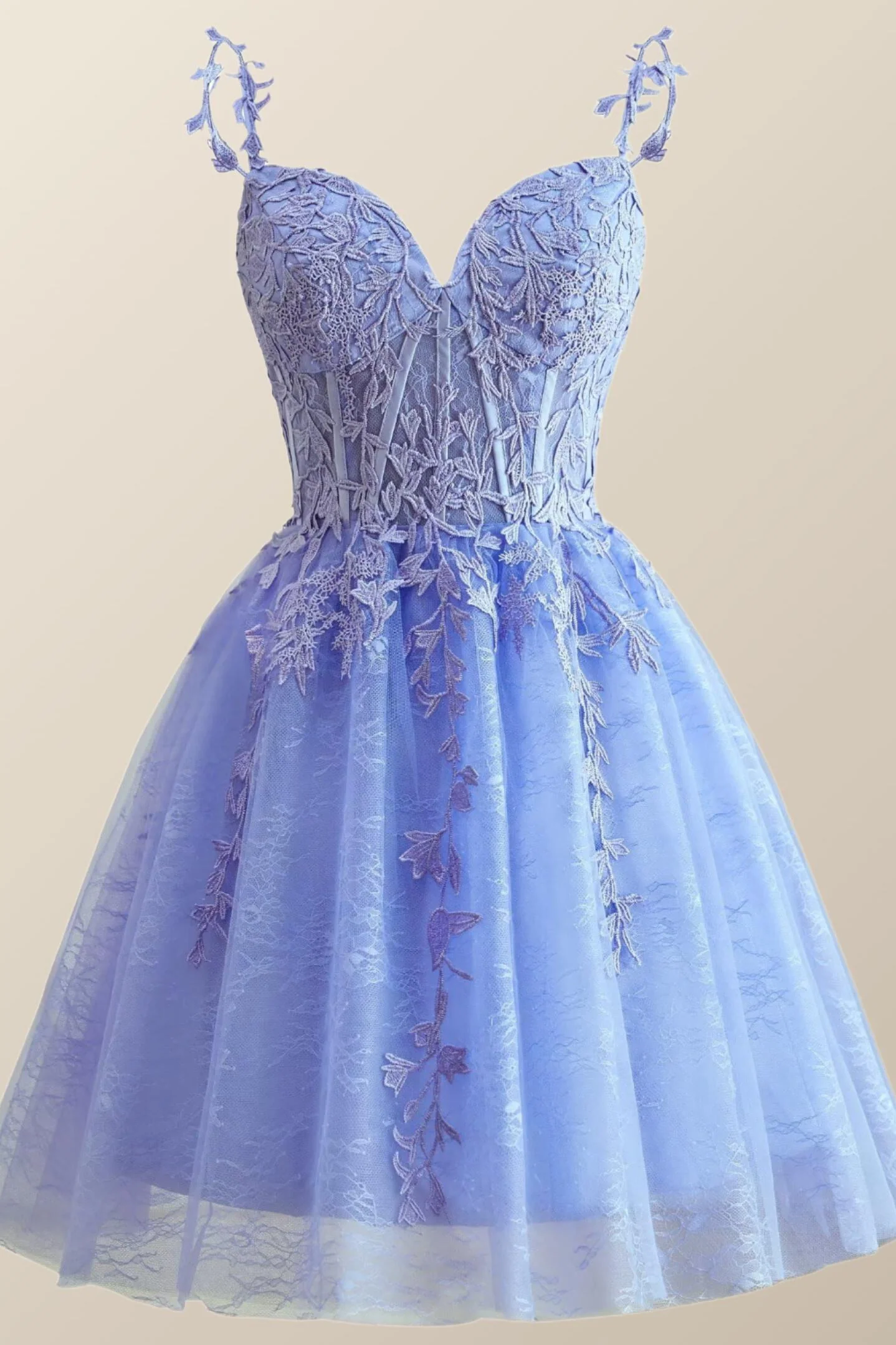 Straps Periwinkle Lace Appliques A-line Short Dress - Image 2