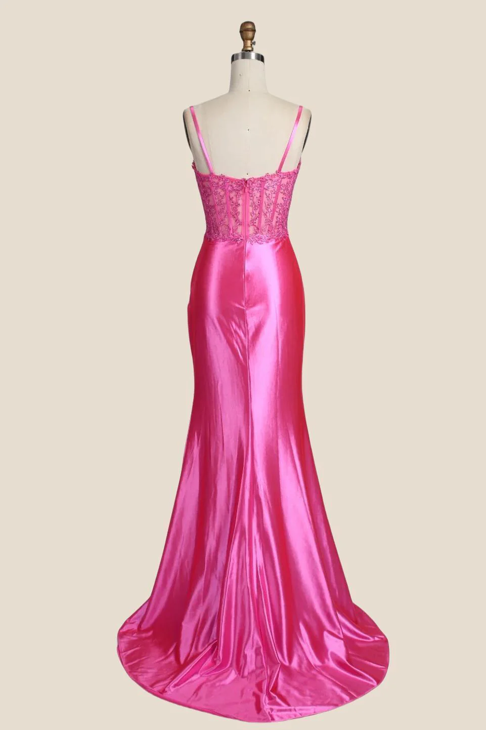 Straps Pink Appliques Ruched Long Dress with Slit - Image 2