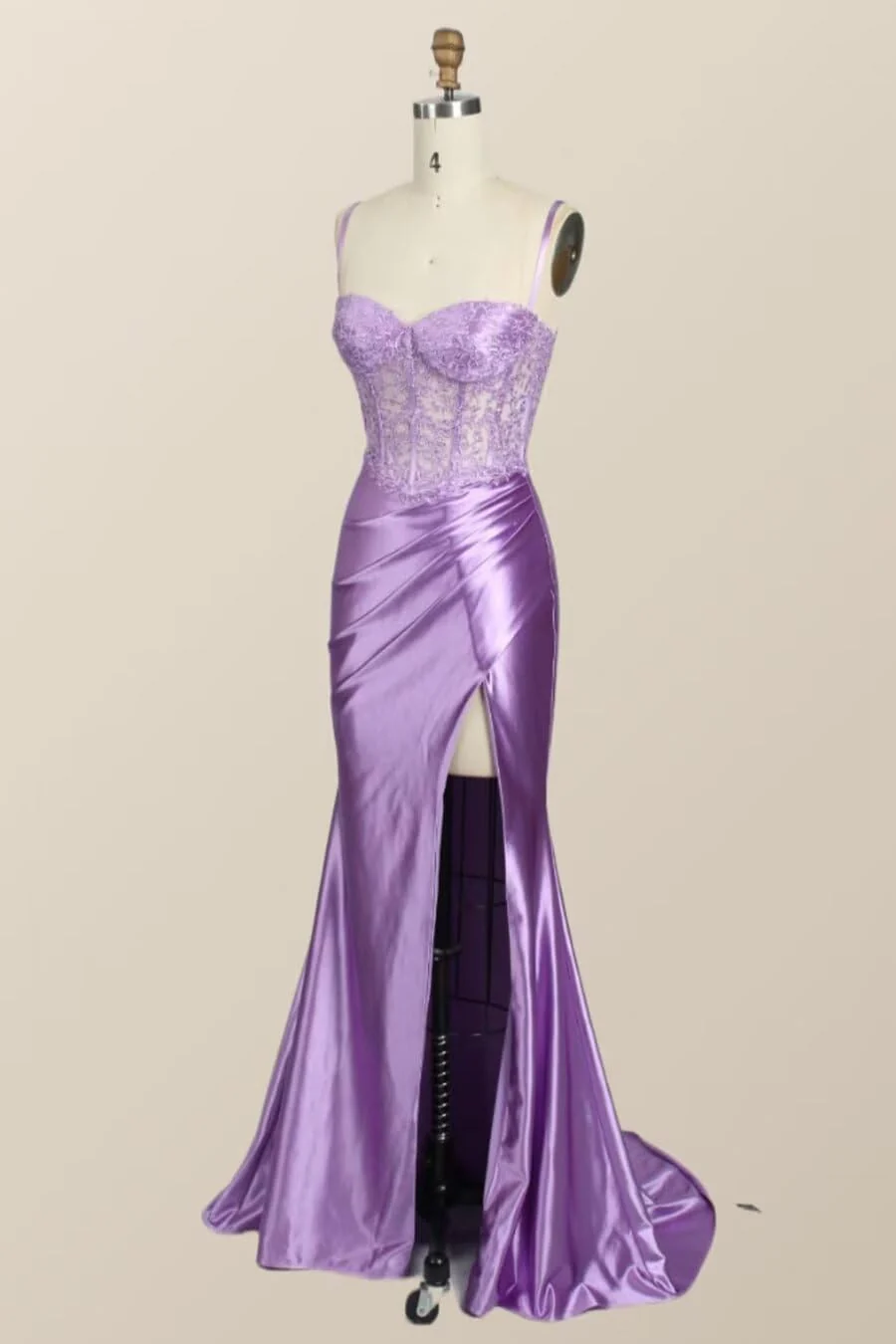 Straps Pink Appliques Ruched Long Dress with Slit - Image 5