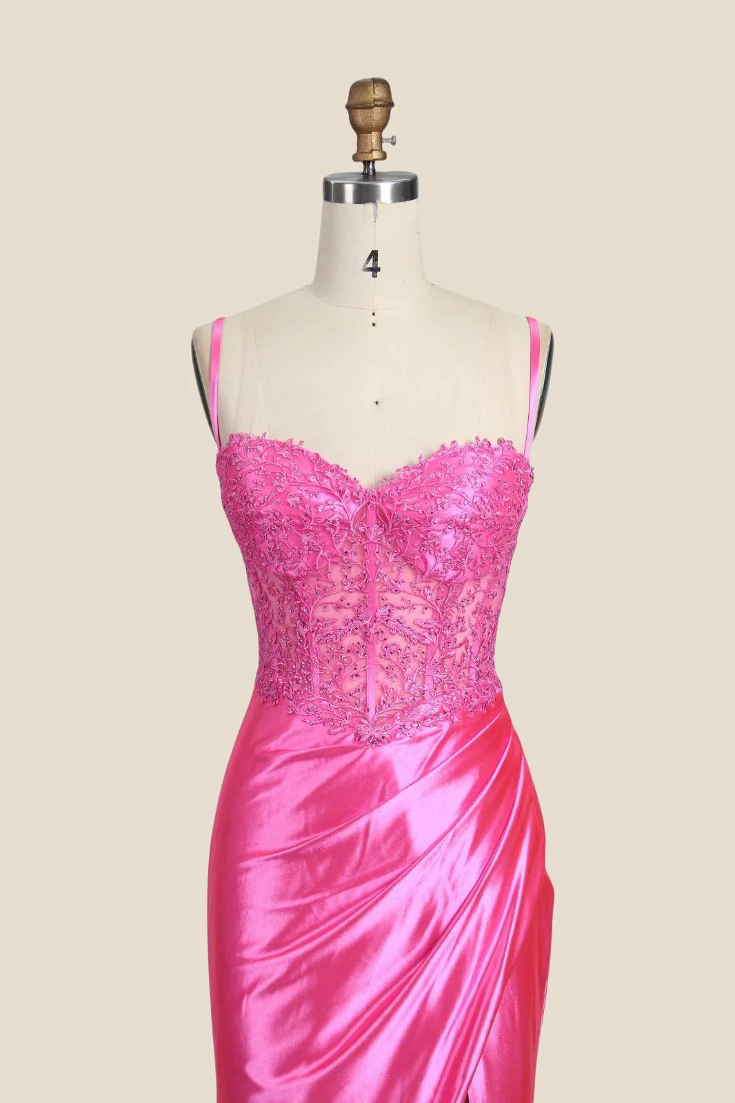 Straps Pink Appliques Ruched Long Dress with Slit - Image 7
