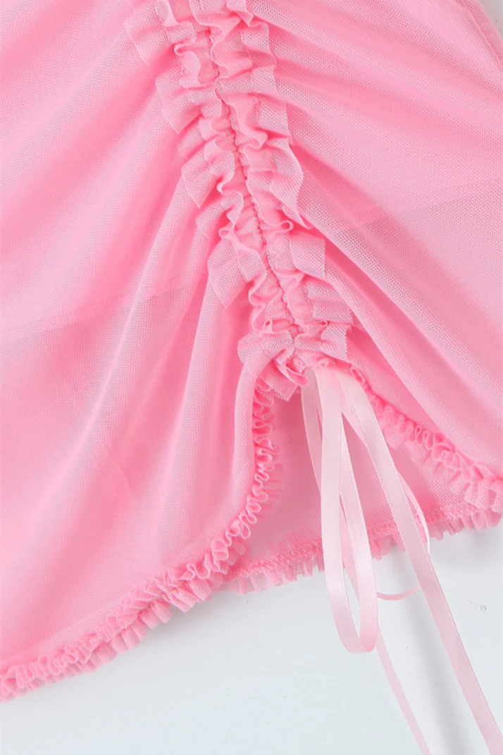 Straps Pink Drawstring Frill Mesh Short Dress - Image 5