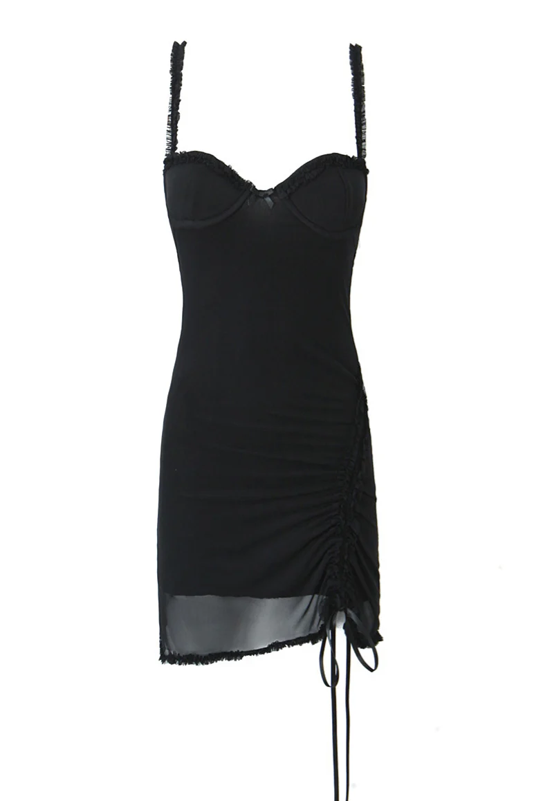 Straps Pink Drawstring Frill Mesh Short Dress - Image 8