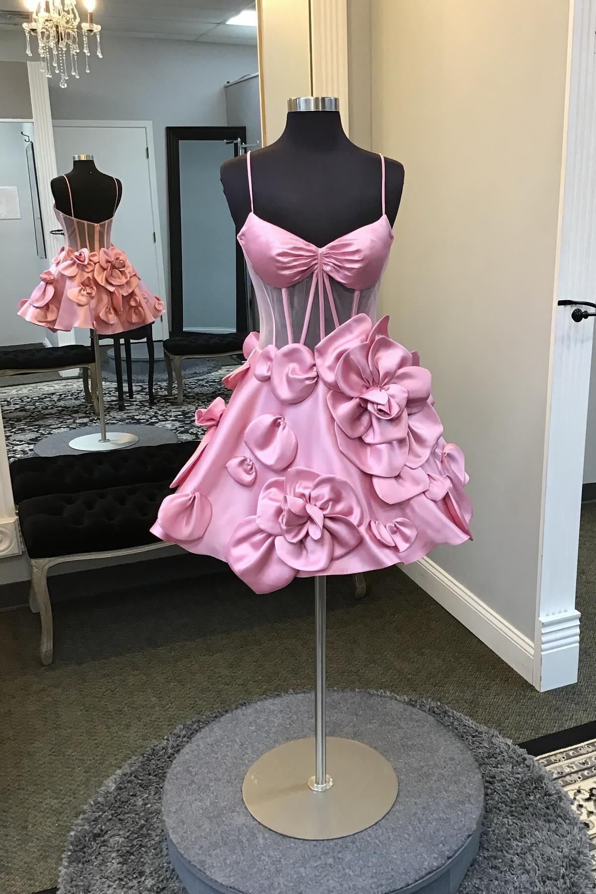 Straps Pink Flowers A-line Short Princess Dress - Image 3